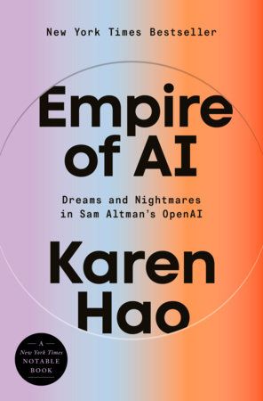 La couverture du livre de Karen Hao « Empire of AI », baignée de rayures lavande, turquoise et orange.