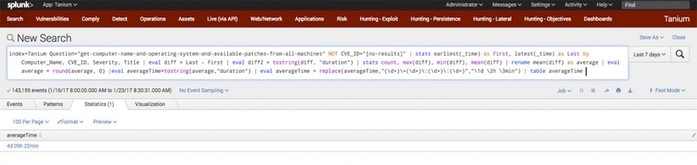 Interface Splunk affichant la requête de recherche pour l’agrégation des mises à jour de sécurité