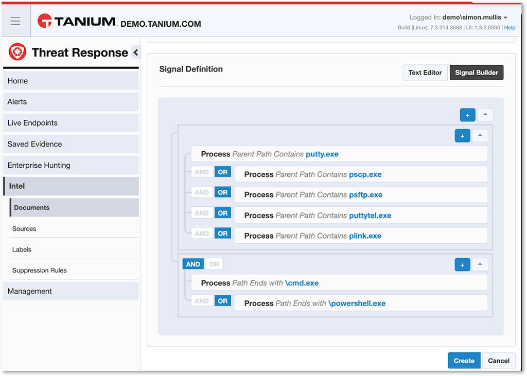 Capture d’écran du générateur de définition de signal Tanium Threat Response avec logique ET/OU montrant les règles de détection de processus pour putty.exe et les exécutables associés