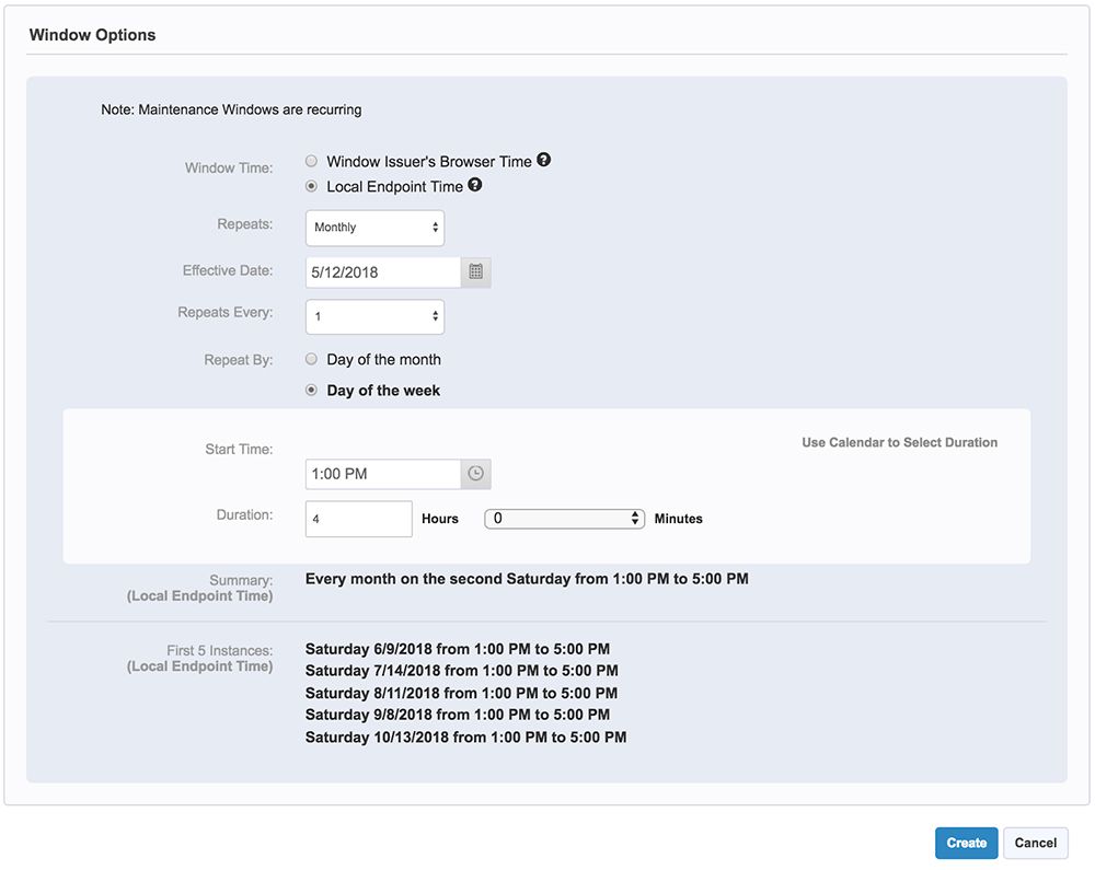 Formulaire de configuration des options de fenêtre Tanium Deploy pour les fenêtres de maintenance mensuelle récurrentes