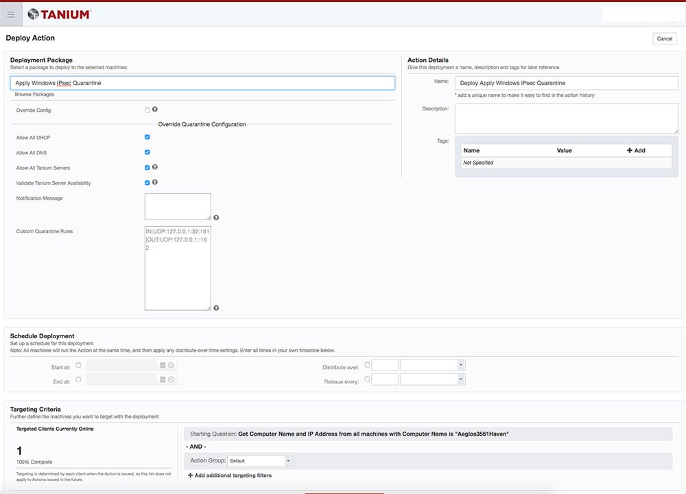 Capture d’écran du produit du formulaire d’action Tanium Deploy
