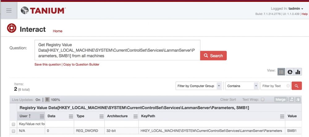 Requête Tanium Interact montrant le paramètre Windows Registry SMB1 déployé sur les machines