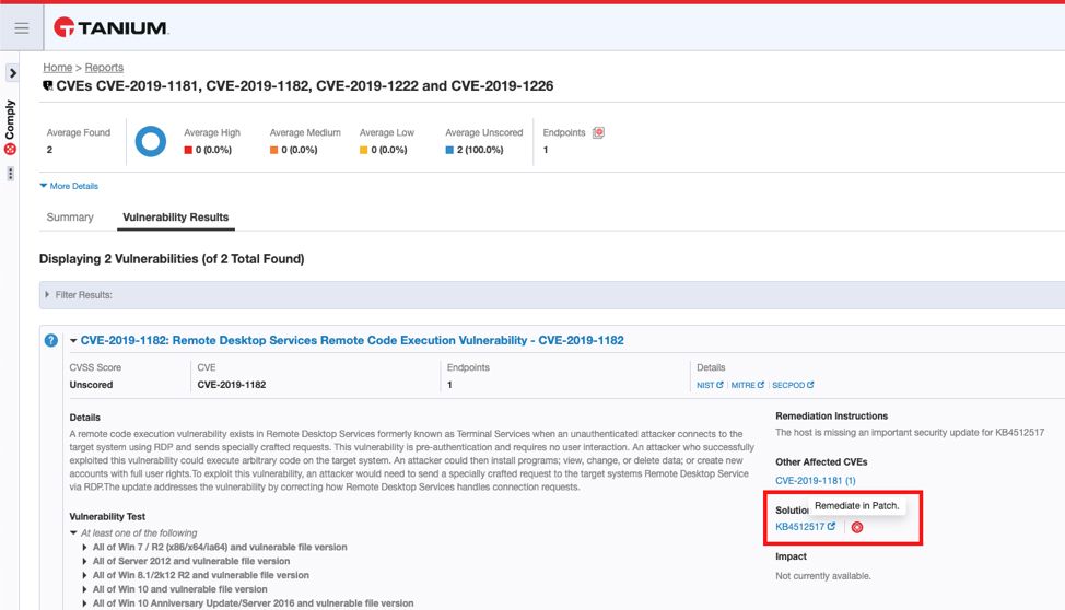 Capture d’écran des résultats de vulnérabilité Tanium Comply montrant les informations CVE