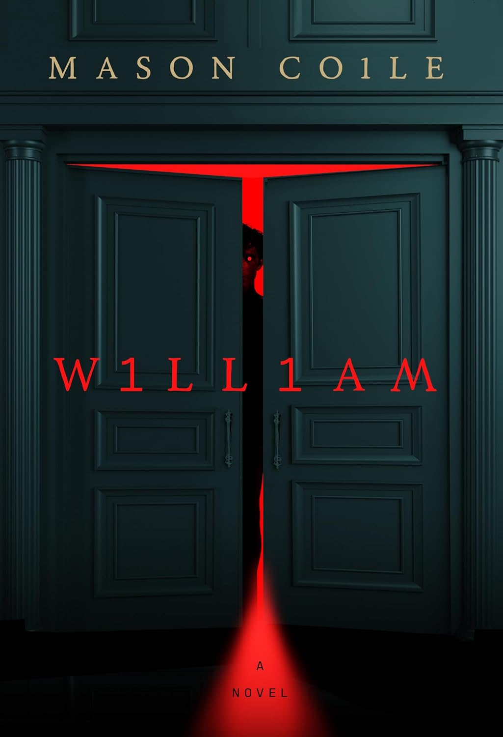 La couverture de livre de William, qui représente un ensemble de portes françaises bleu foncé ouvertes, un déversement de lumière rouge et une figure sinistre qui s’y trouvait.