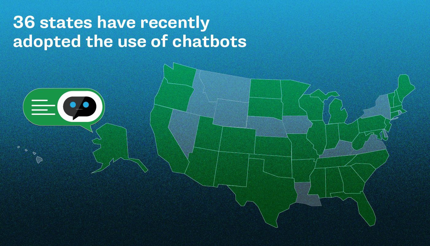 Illustration de carte montrant 36 états qui ont adopté l’utilisation du chatbot