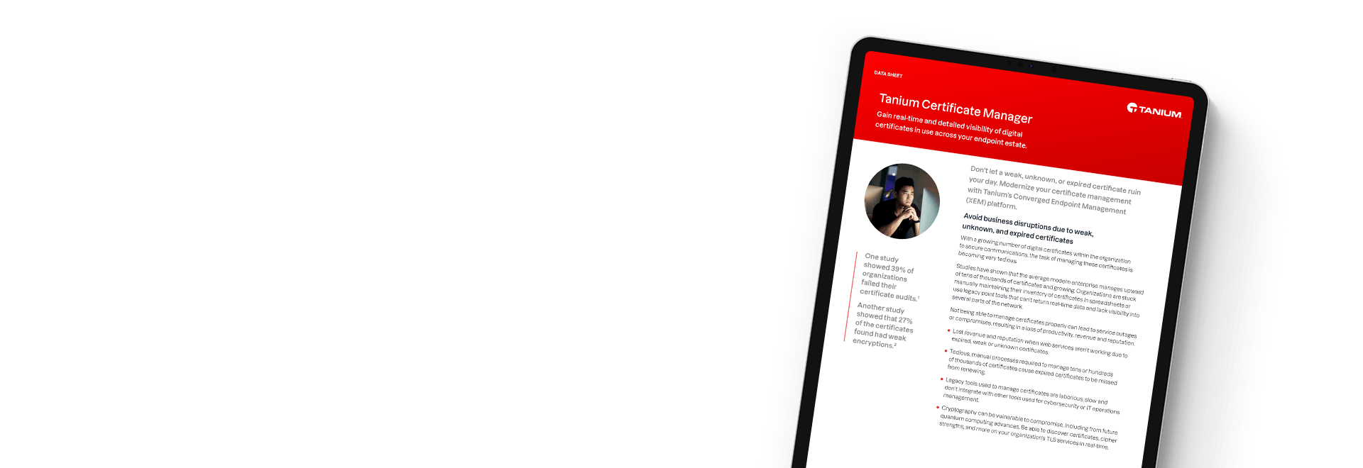 Tablette affichant la fiche technique de Tanium Certificate Manager avec portrait