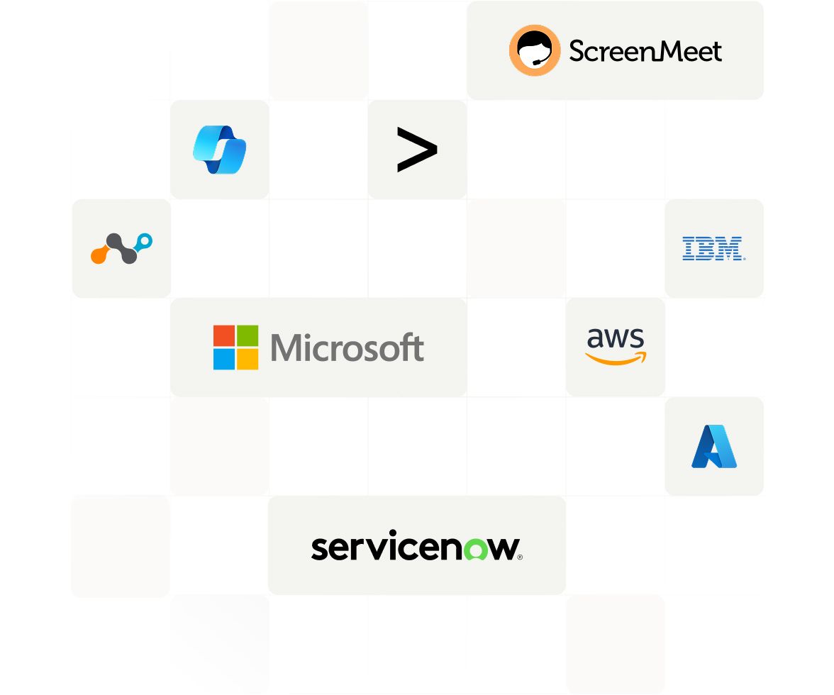 Grille de logos partenaires et d’intégration, y compris Microsoft, ServiceNow, AWS, IBM, Azure et ScreenMeet