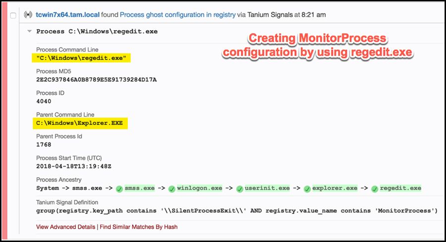 Alerte de signaux Tanium pour la configuration des fantômes de processus via regedit
