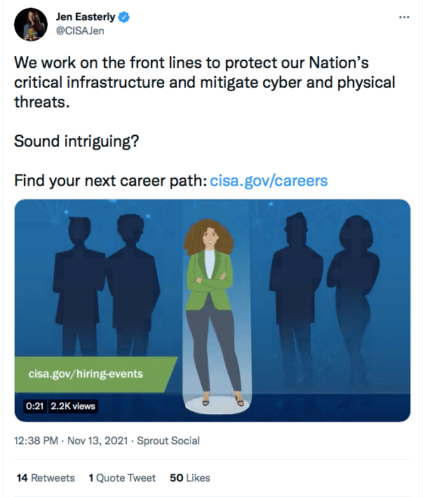 Capture d’écran du tweet de Jen Easterly sur la protection des infrastructures critiques
