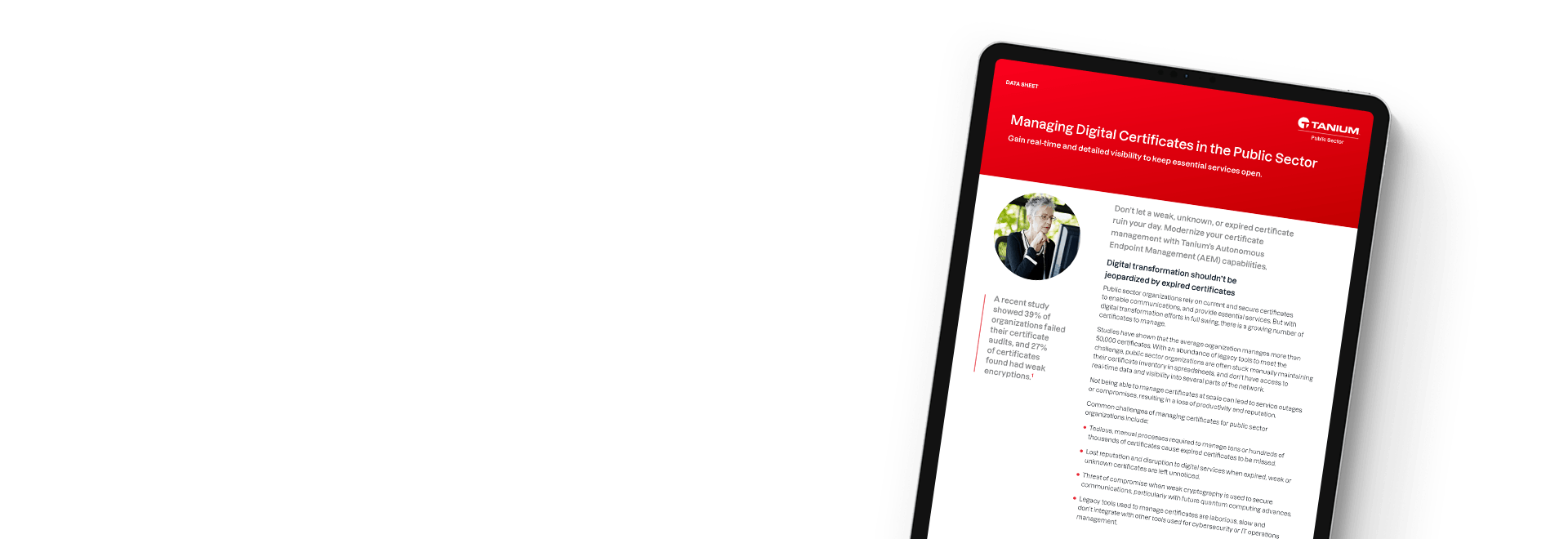 Tablette montrant la fiche technique Gestion des certificats numériques dans le secteur public avec portrait