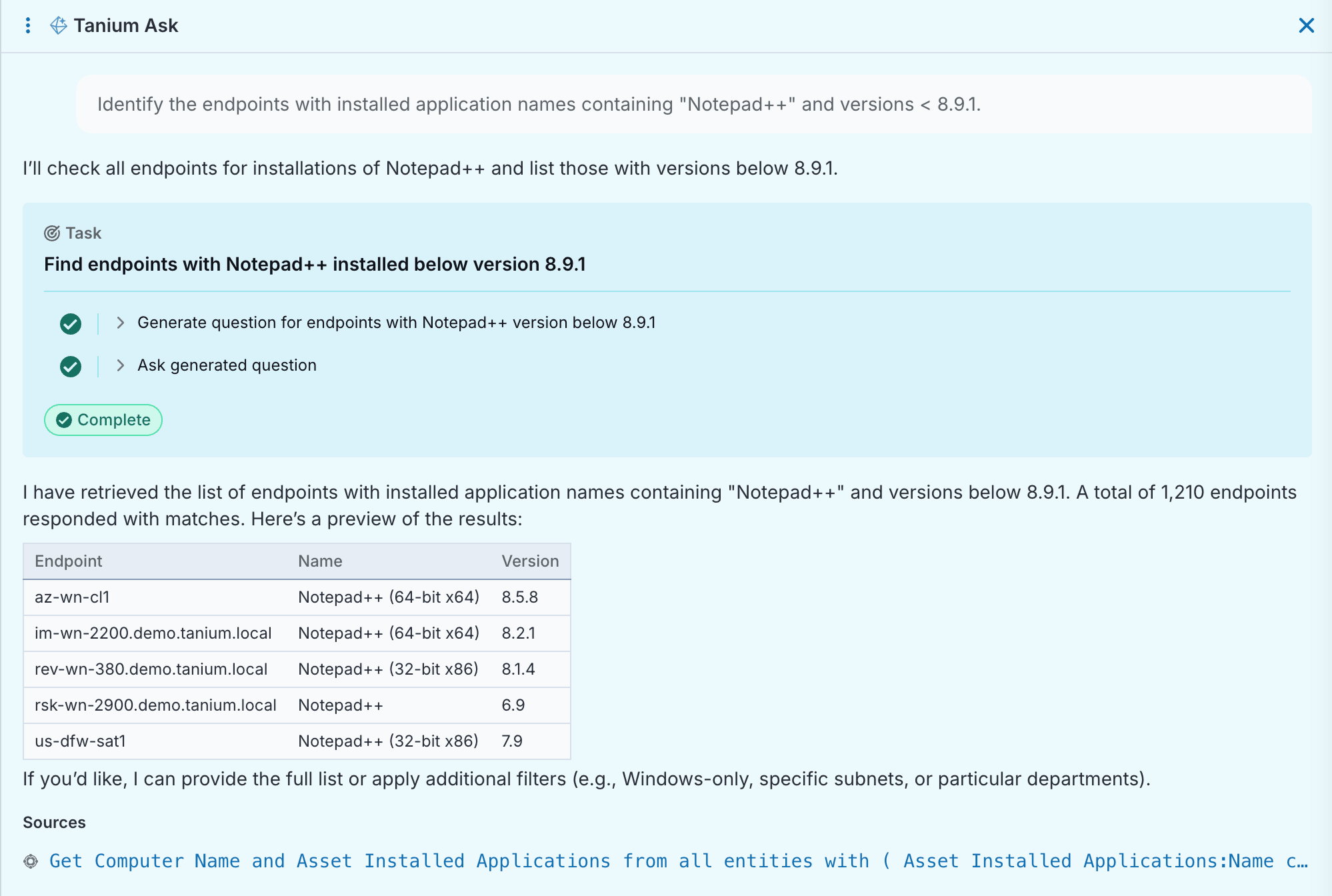 Capture d’écran de Tanium Ask montrant les endpoints avec Notepad++