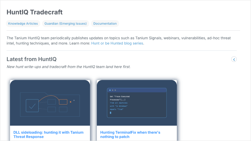 La plateforme HuntIQ Tradecraft présente les dernières actualités issues du flux HuntIQ, notamment des comptes rendus de chasse, y compris le chargement latéral de DLL et TerminalFix