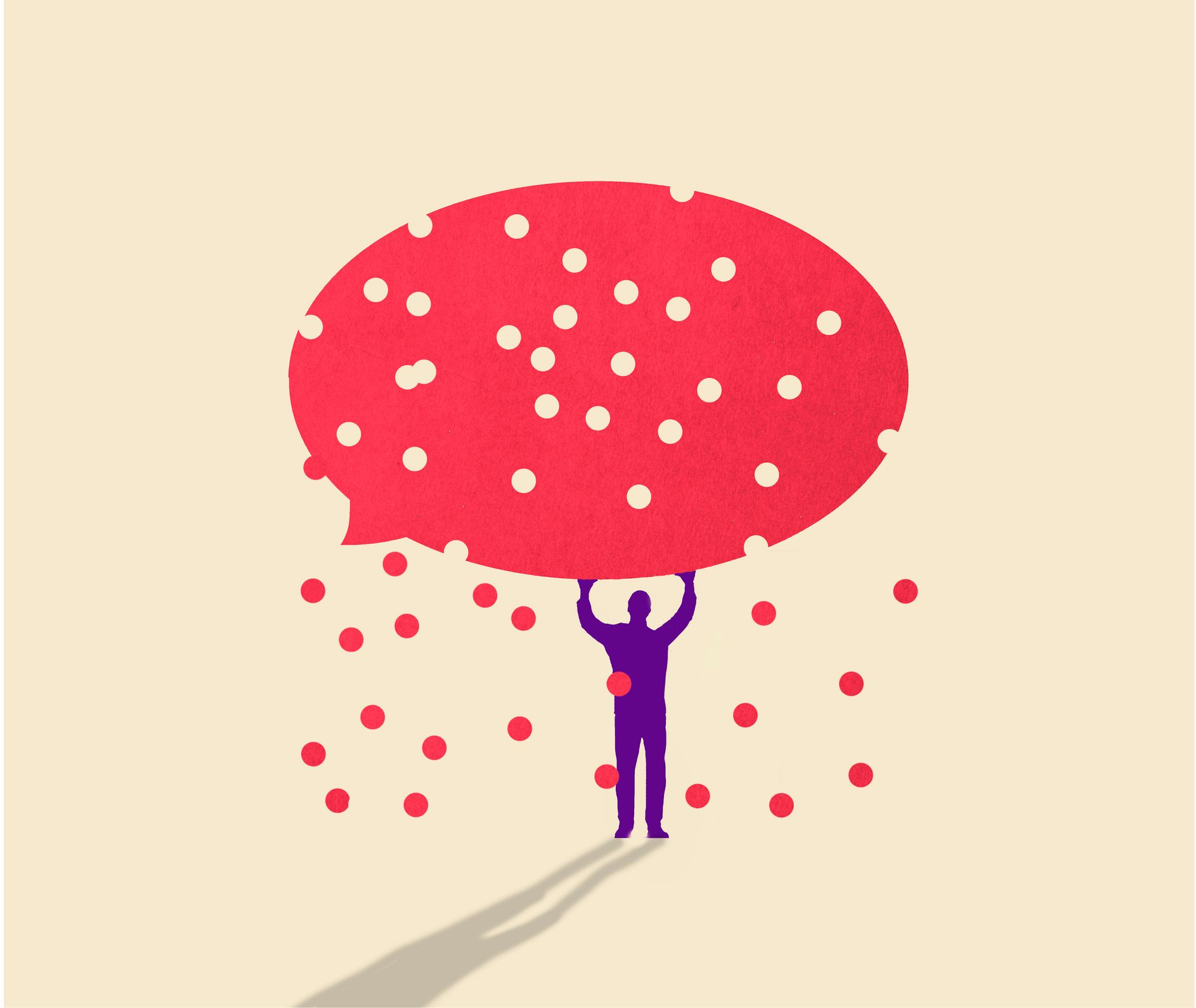 Illustration d'un homme en silhouette bleue tenant au-dessus de sa tête une grande bulle de dialogue rouge, percée de trous.