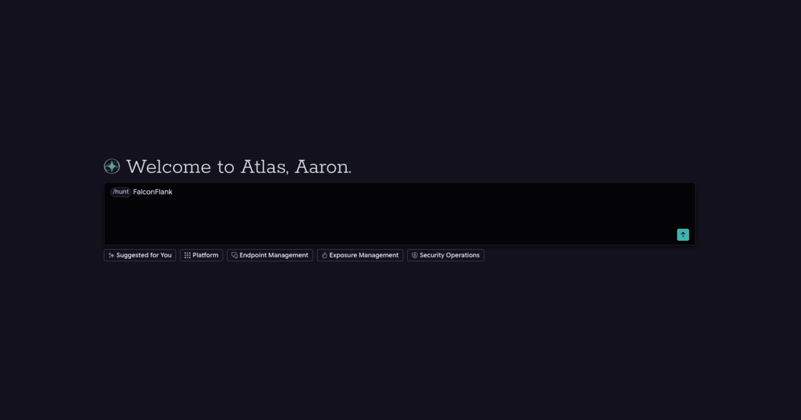 La barre de commande de Tanium Atlas avec la commande FalconFlank « slash-hunt » saisie