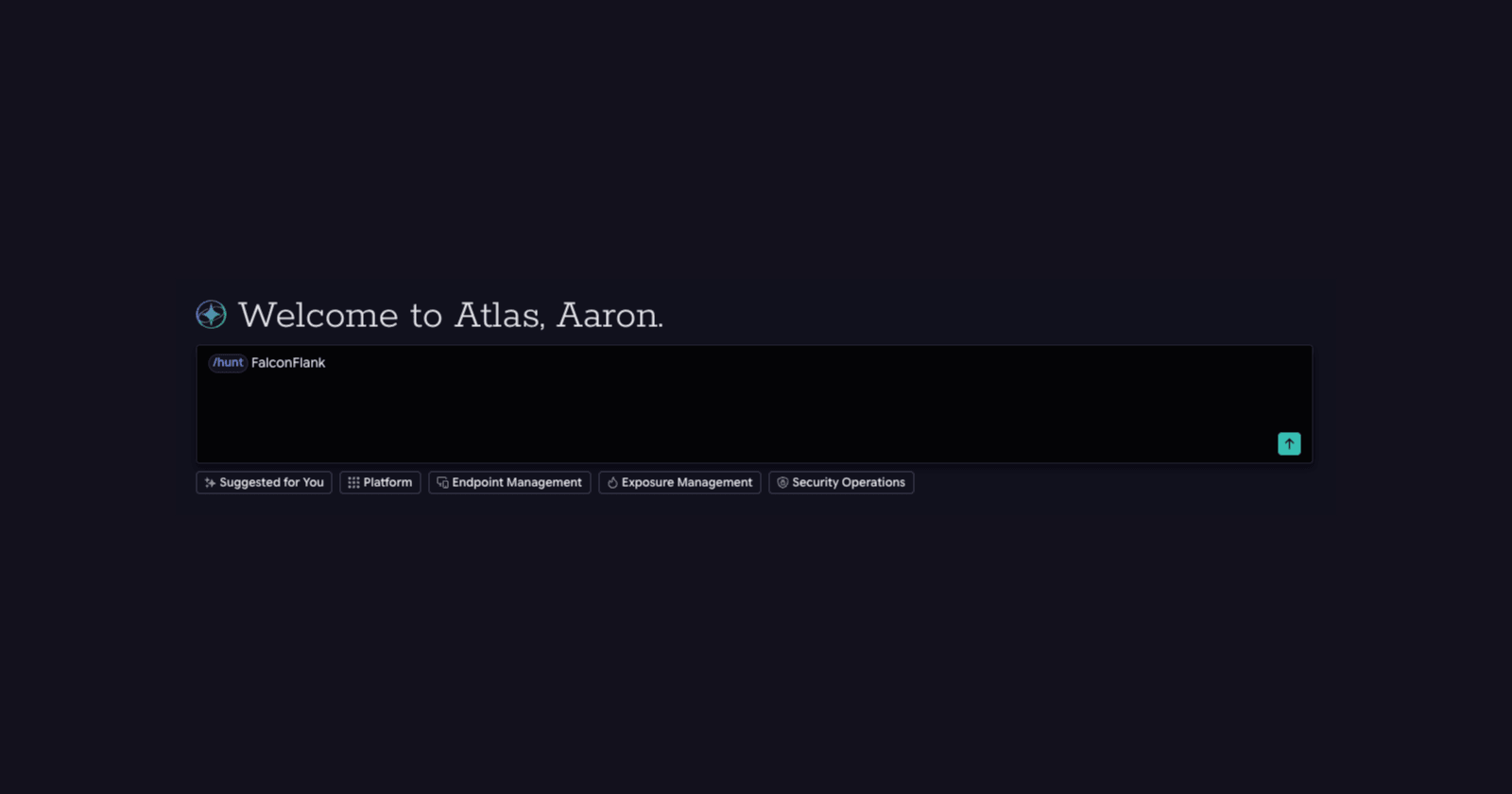 La barre de commande de Tanium Atlas avec la commande FalconFlank « slash-hunt » saisie