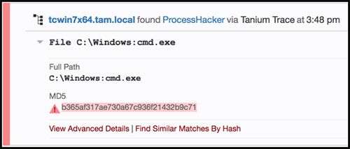 Tanium Trace affichant les détails du processus cmd.exe et ProcessHacker