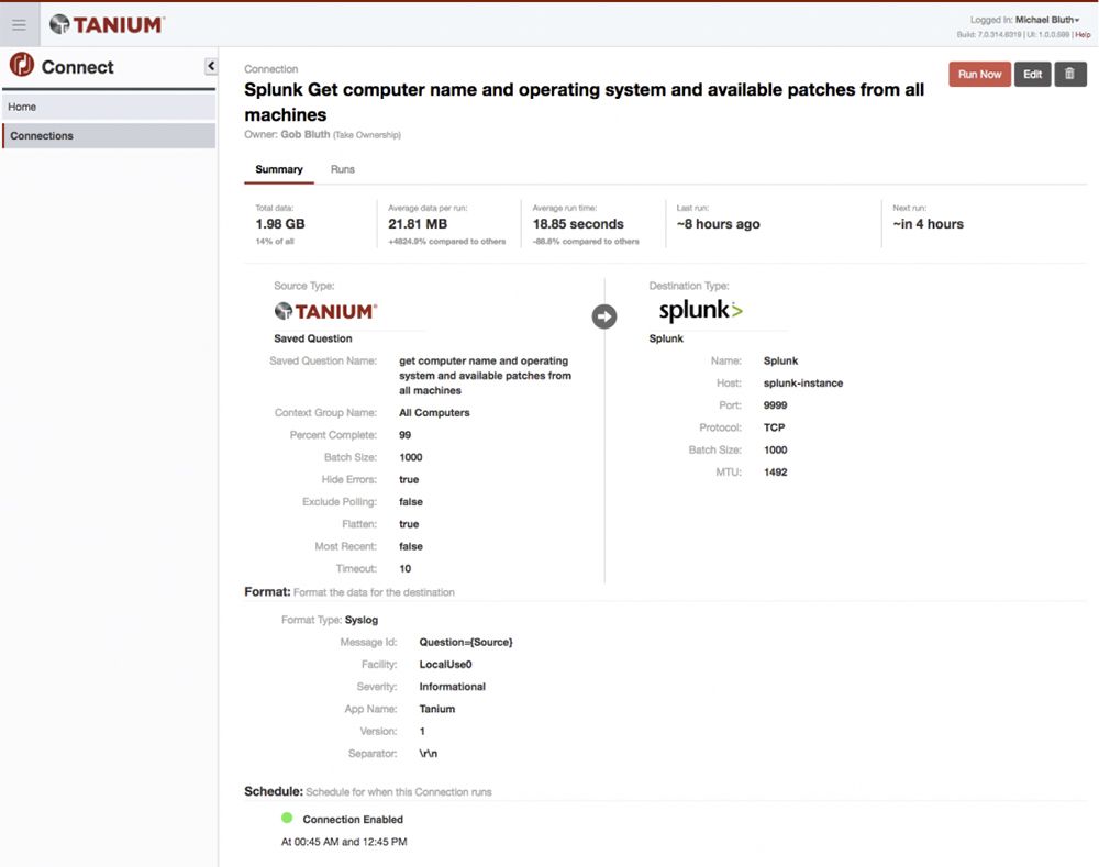 Tableau de bord d’intégration Tanium Connect montrant la connexion Splunk avec les résultats de la requête d’inventaire informatique