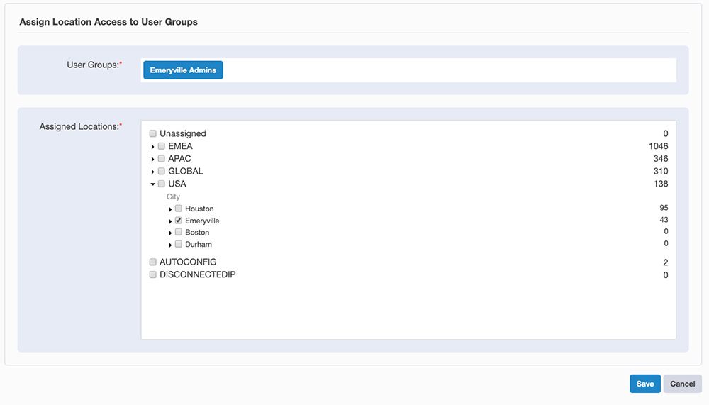 Interface Tanium Discover montrant l’attribution d’accès à l’emplacement pour les groupes d’utilisateurs