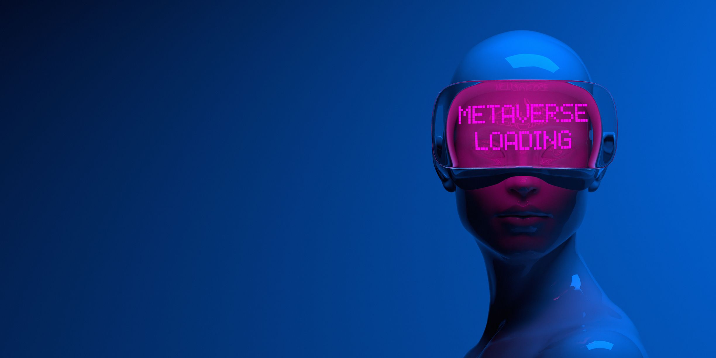 Image d'un avatar sur fond bleu sombre, portant un casque de réalité virtuelle sur lequel on peut lire « Metaverse loading » en lettres rose néon.