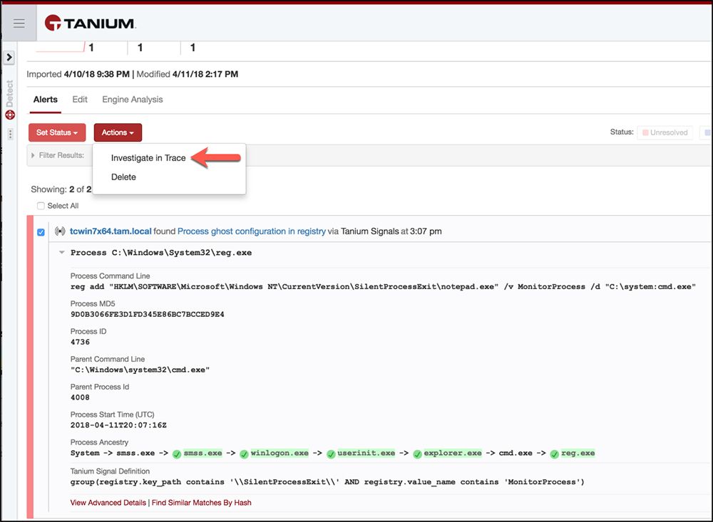 Alerte Tanium Signals montrant la détection de la configuration fantôme du processus