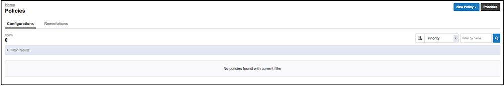 Interface des politiques Tanium Protect affichant une liste de politiques vide avec des onglets de configuration et de remédiation