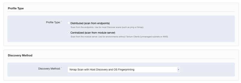 Capture d’écran du type de profil Tanium Discover et de la configuration de la méthode de découverte montrant l’option d’analyse distribuée et la configuration de la découverte Nmap