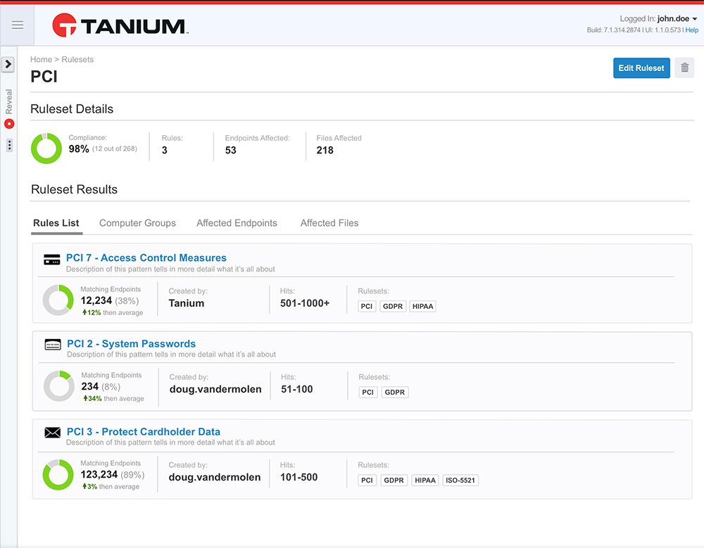 Capture d’écran de Tanium Reveal montrant les résultats de l’ensemble de règles de conformité PCI et les mesures de gestion des vulnérabilités