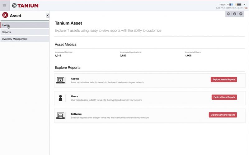 Capture d’écran de Tanium Asset montrant l’interface d’accueil avec les sections Indicateurs d’actif et Explorer les rapports