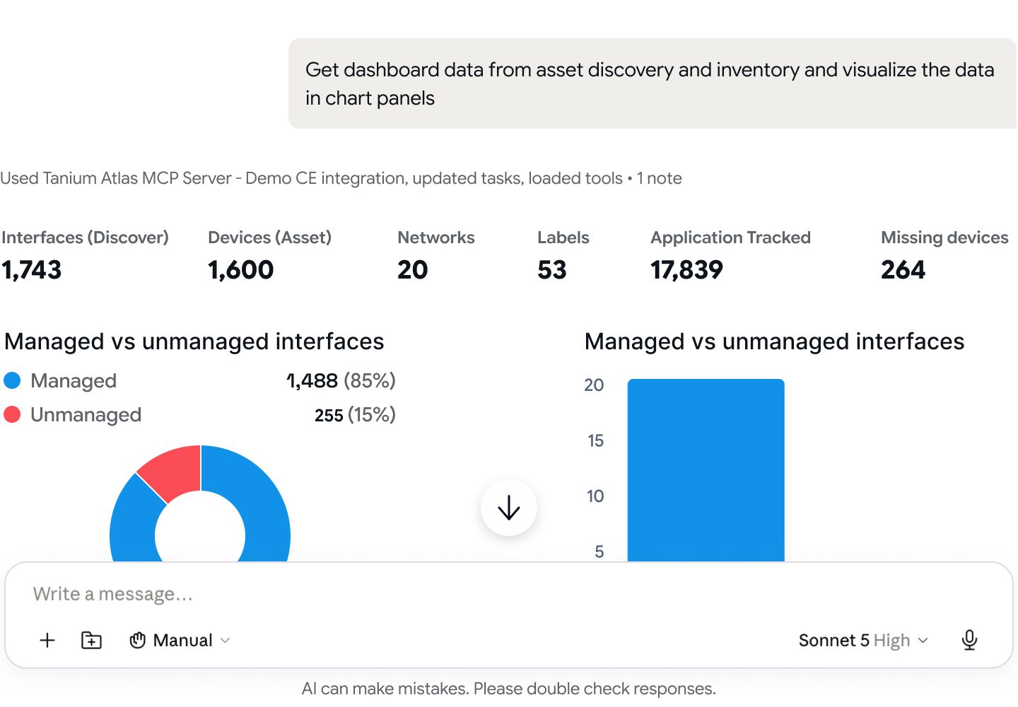Interface de chat du serveur MCP Tanium Atlas montrant la découverte des actifs et les données d’inventaire visualisées dans les panneaux de graphiques