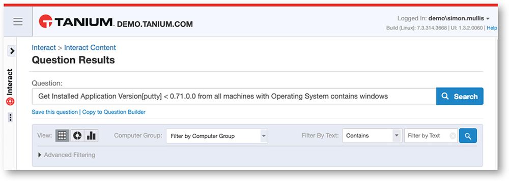 Capture d’écran des résultats de la question Tanium Interact montrant les versions d’application installées filtrées par système d’exploitation et recherche de texte