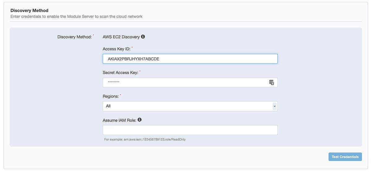 Capture d’écran du formulaire de configuration de Tanium Discover Discovery Method avec les paramètres AWS EC2 Discovery et accéder aux champs de clé