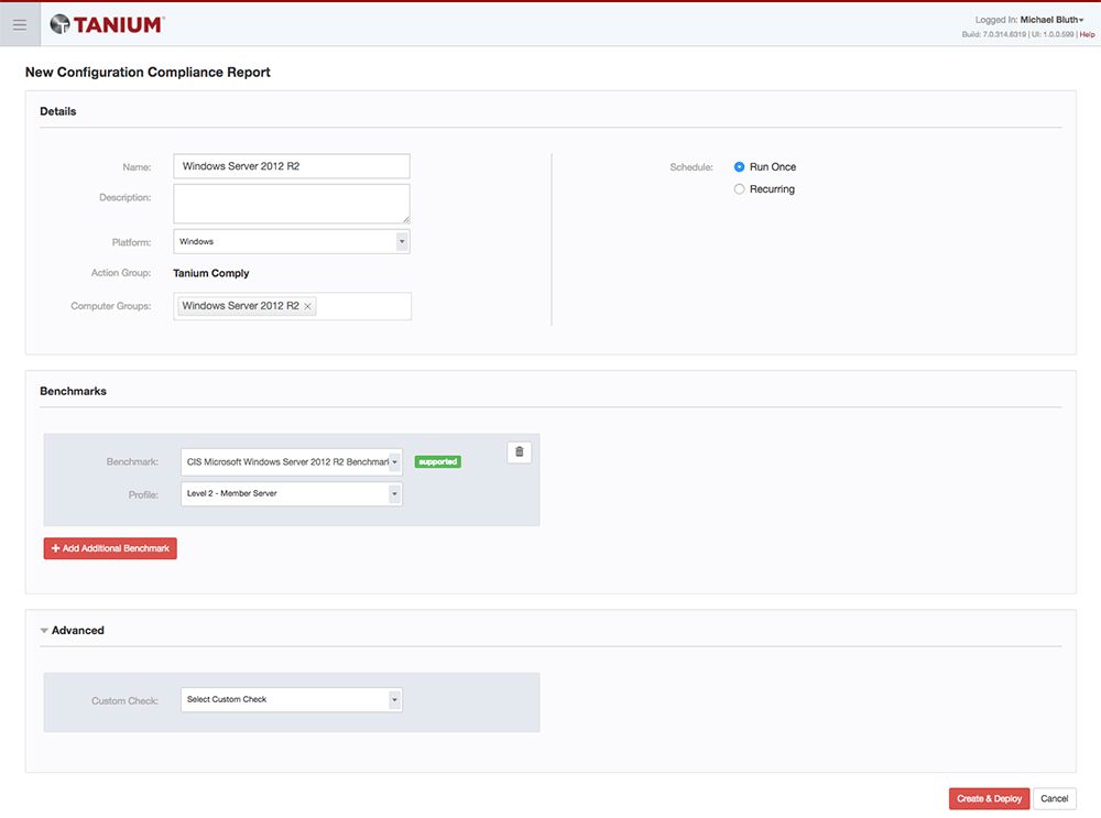Formulaire Tanium Comply pour créer un nouveau rapport de conformité de configuration pour Windows Server
