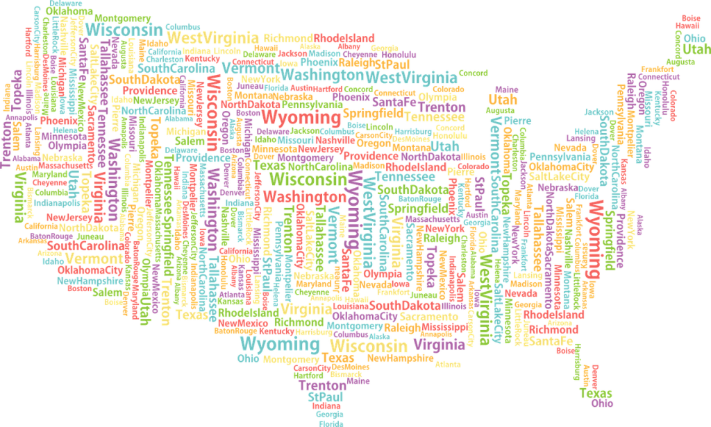 Nuage de mots des États-Unis montrant les noms d’État et les grandes villes dans des couleurs variées