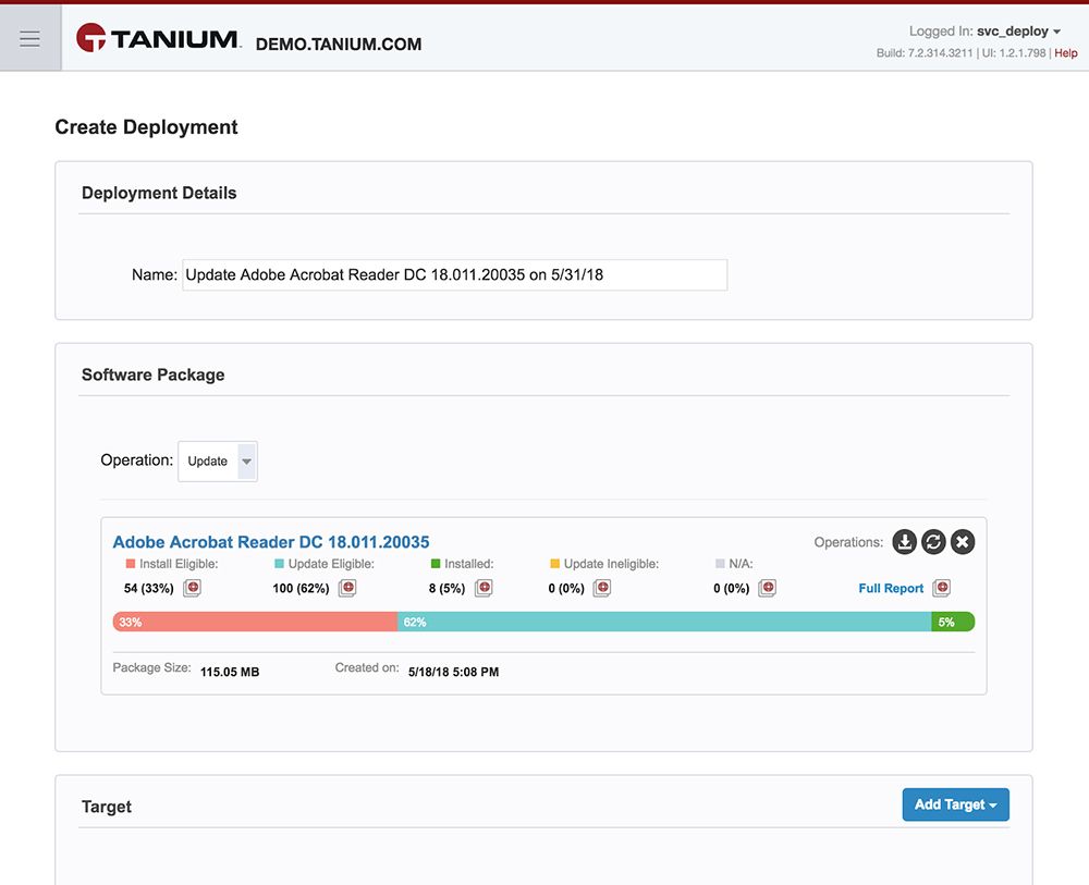 Interface de création de déploiement Tanium Deploy pour la mise à jour d’Adobe Acrobat Reader indiquant l’éligibilité et la progression de l’installation