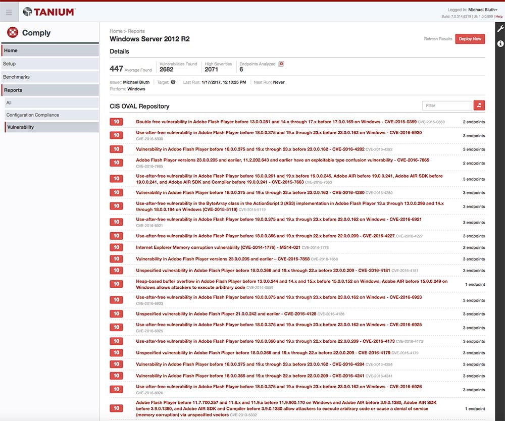 Rapport de vulnérabilité Tanium Comply montrant les vulnérabilités et l’impact de CIS OWAL Flash Player