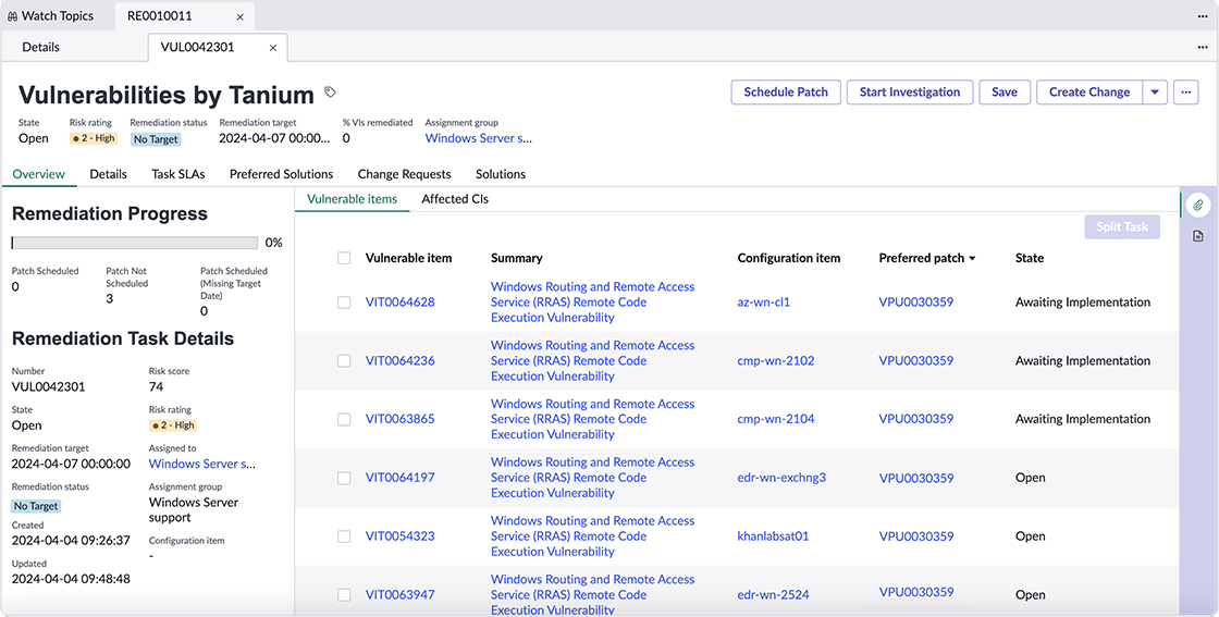 Tanium Security Operations for ServiceNow screen