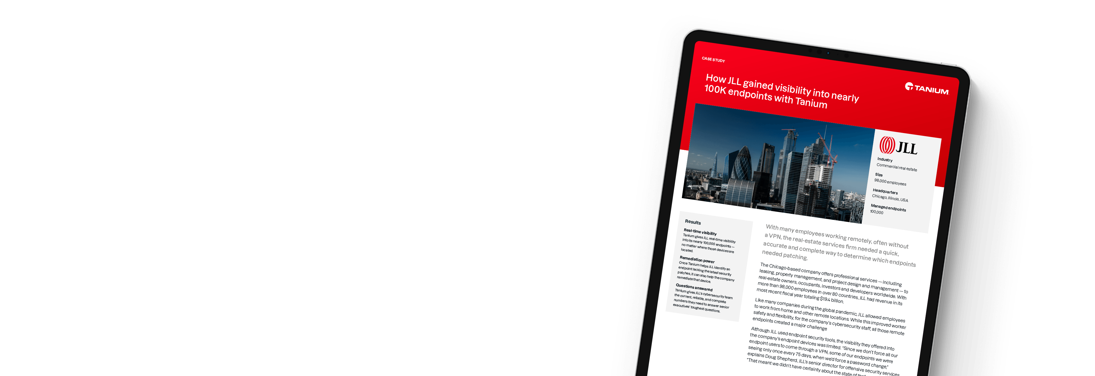 Tablette montrant l’étude de cas « Comment JLL a gagné en visibilité sur près de 100K endpoints avec Tanium »