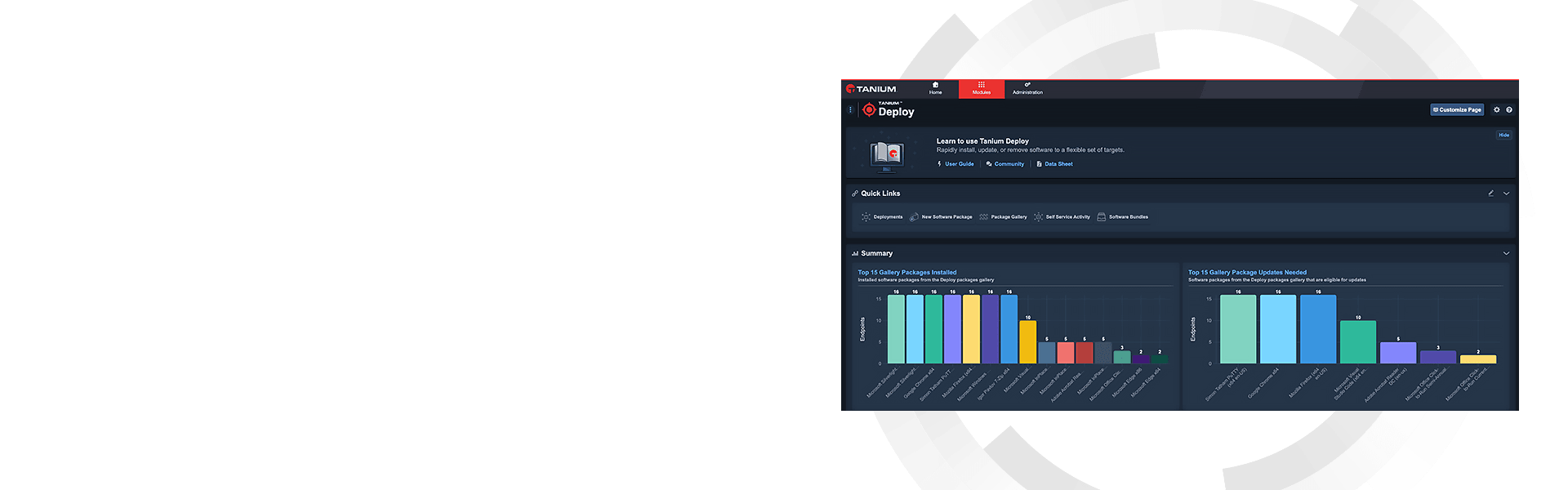 Arrière-plan hero de Tanium Deploy avec tableau de bord et analyses