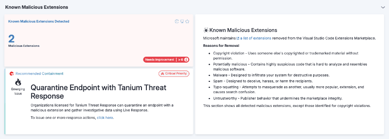 Capture d’écran du produit Tanium Guardian identifiant les extensions malveillantes connues