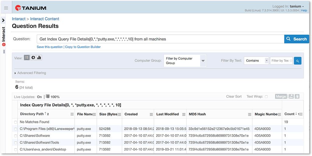 Capture d’écran de Tanium Index Query montrant les détails du fichier avec le chemin du fichier, la date de création, le hachage MDS et les informations de numéro magique