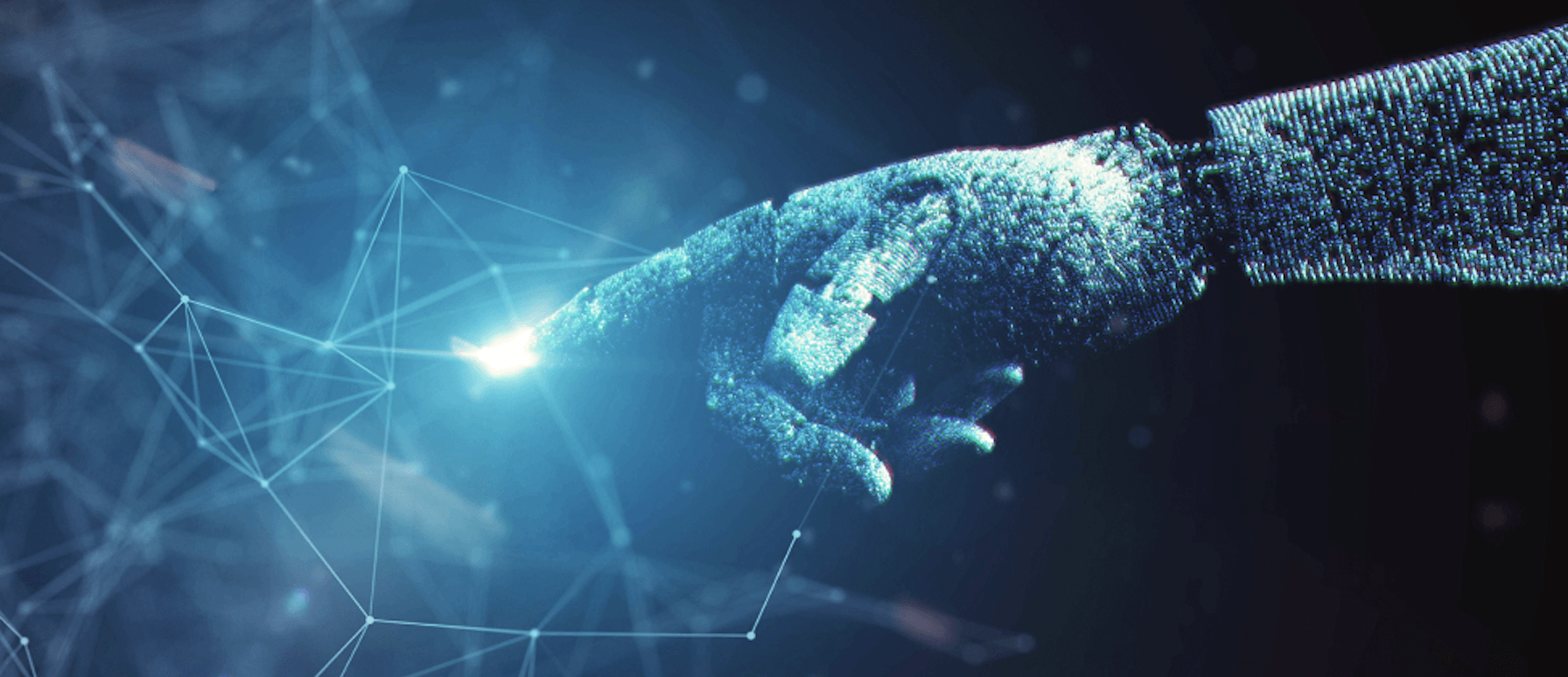 Image de type rayons X d’une main robotique pointant dans le cyberespace et provoquant une étincelle