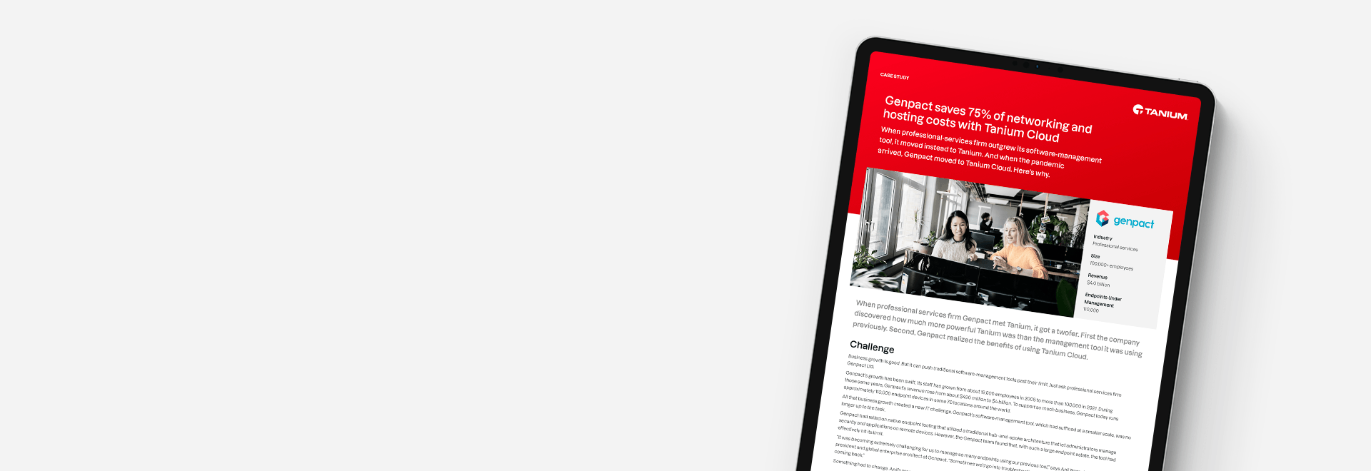 Étude de cas « Genpact économise 75 % des coûts de mise en réseau et d’hébergement avec Tanium Cloud » sur la maquette de tablette