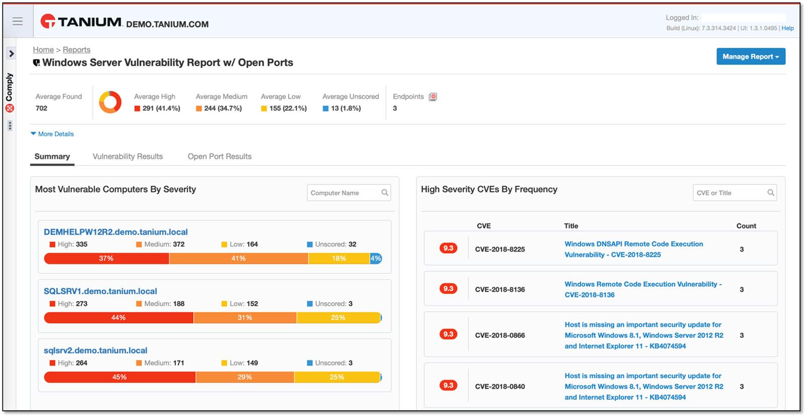 Capture d’écran du rapport de vulnérabilité Windows Server avec analyse de la gravité
