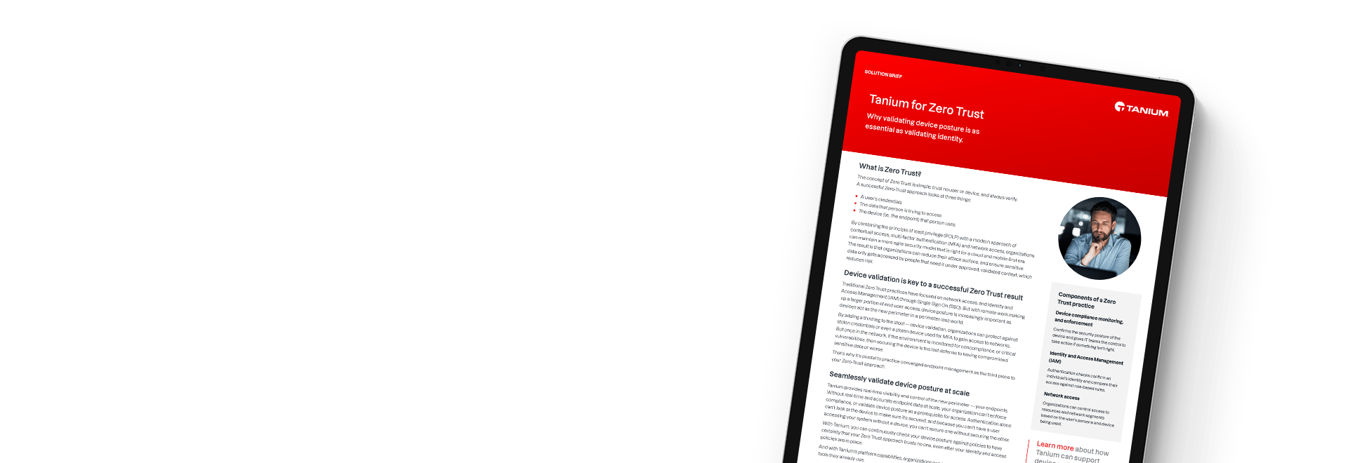 Tablette affichant le résumé de la solution Tanium for Zero Trust avec une approche de validation