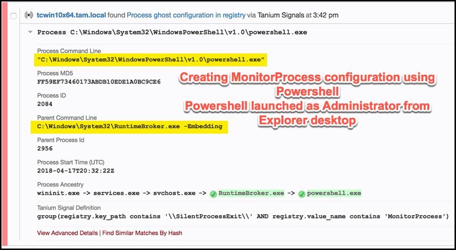 Signaux Tanium montrant le lancement de Powershell en tant qu’administrateur depuis Explorer