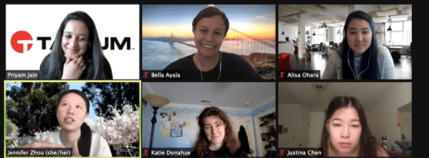 Capture d’écran de l’appel vidéo des employés de Tanium montrant 6 participants, notamment Priyam Jain, Bella Ayala, Alsa Chisri, Jennifer Zhou, Katie Donahur et Justina Chan