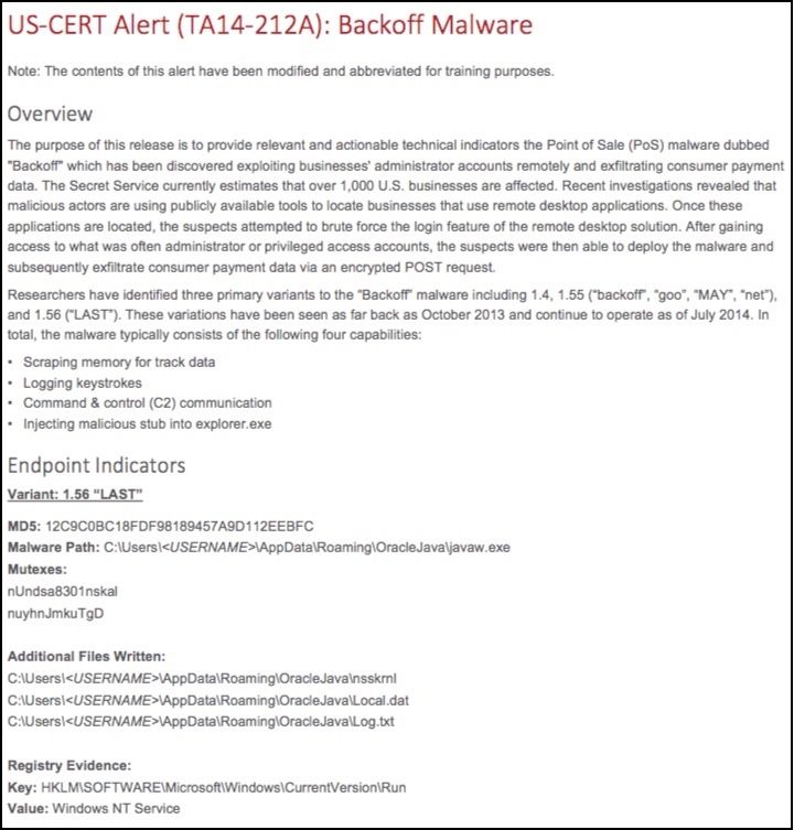 Document d’alerte US-CERT montrant les indicateurs de sauvegarde des logiciels malveillants, y compris le hachage MD5 , les chemins de fichier et les clés de registre