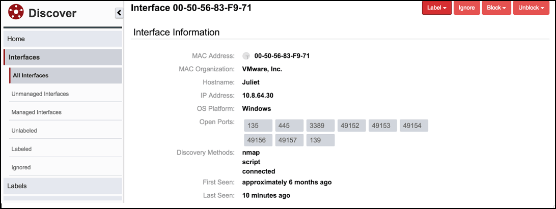 Capture d’écran de Tanium Discover montrant des informations détaillées sur l’interface, y compris l’adresse MAC et les ports ouverts
