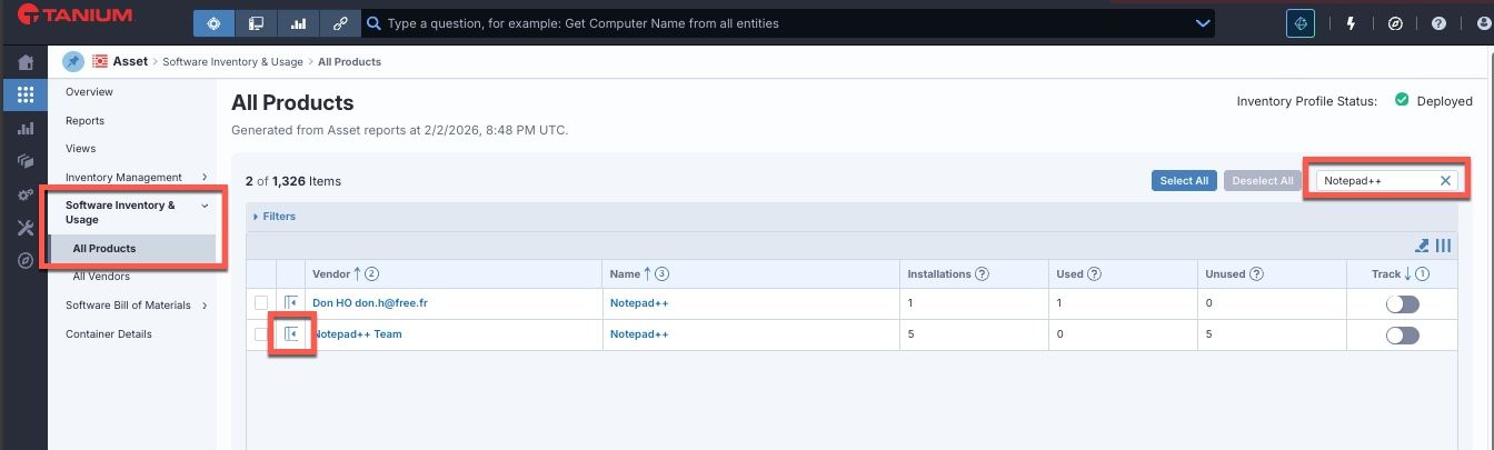 Capture d’écran de l’utilisation et de l’inventaire du logiciel Tanium avec chemin d’accès pour trouver les appareils exécutant Notepad++