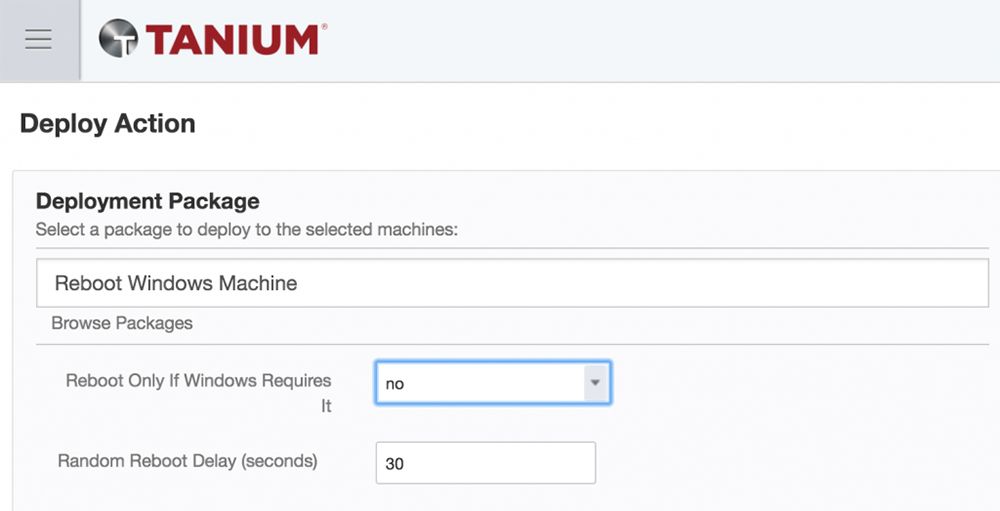 Formulaire de déploiement Tanium pour le redémarrage des machines Windows après les mises à jour de sécurité